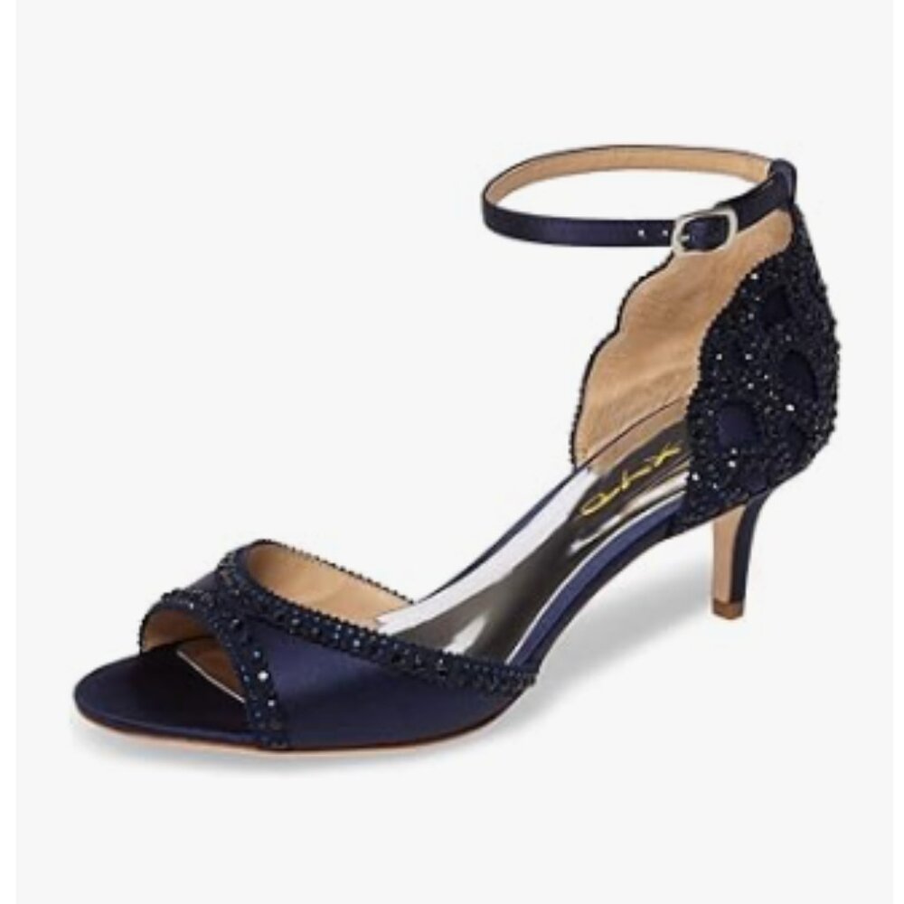 XYD Navy Peep Toe D'Orsay Kitten Heel Rhinestone Studs Ankle Strap Sandals